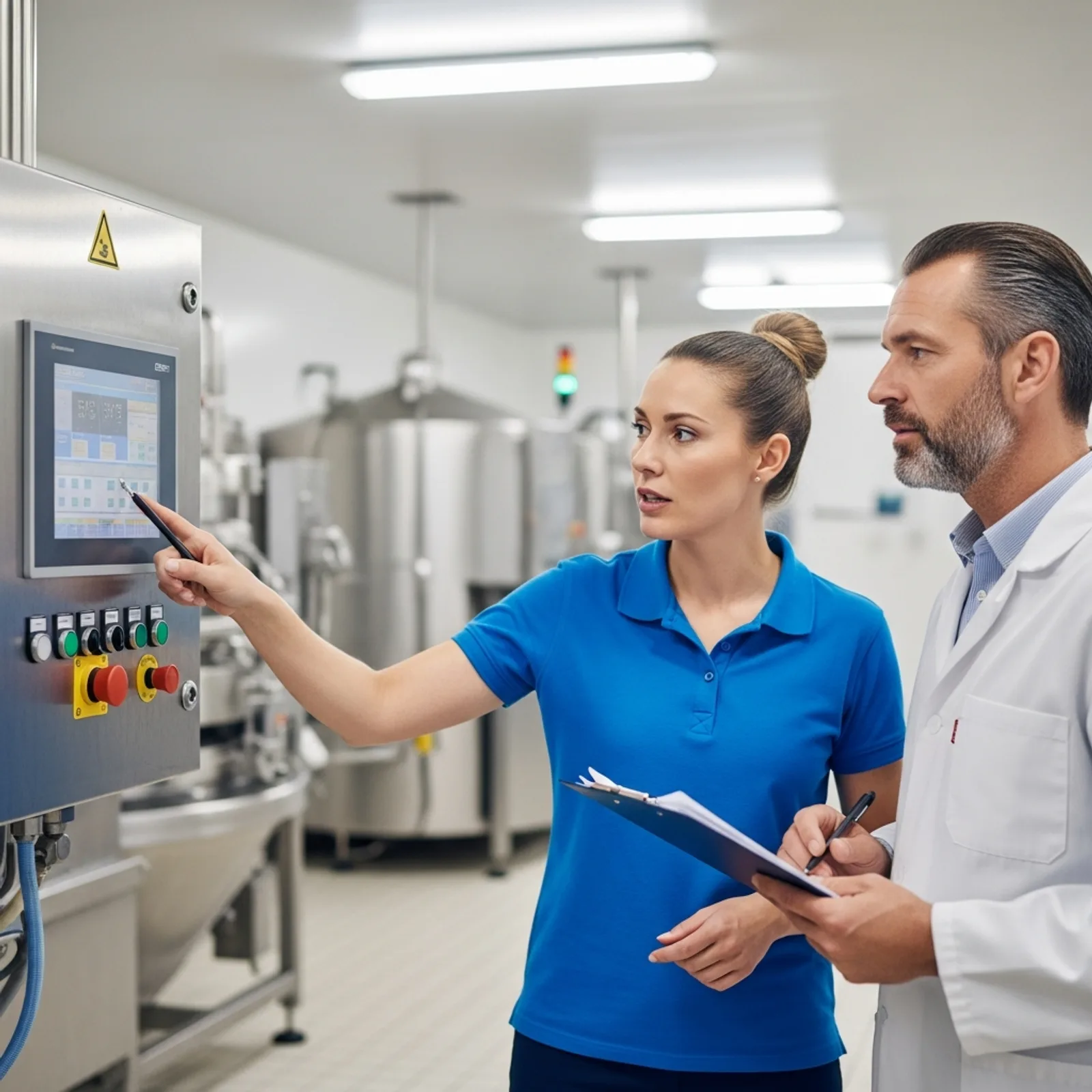 A professional food safety consultant coaching a plant manager in a clean, modern food processing facility, pointing to a control panel, professional and engaging style.