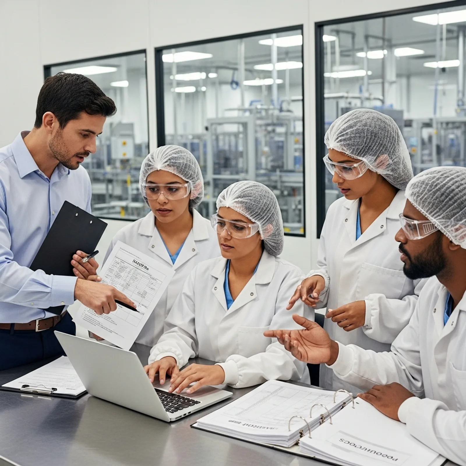 A mock audit rehearsal in a food packaging facility, with a consultant acting as an auditor, reviewing records with the quality assurance team, professional and realistic style.