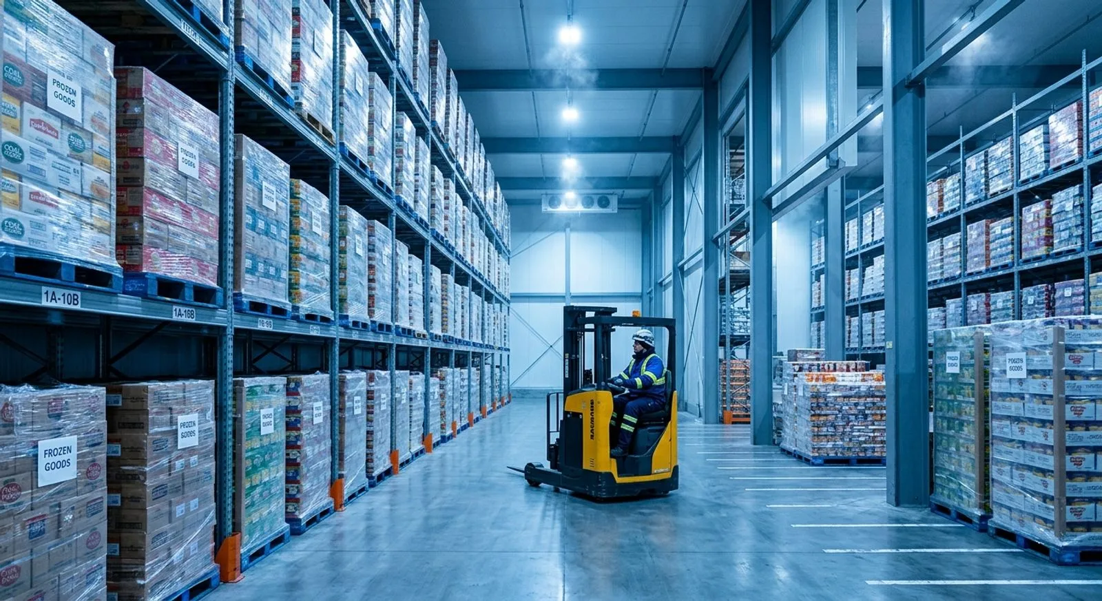 Refrigerated cold storage warehouse with palletized food products and forklift operator