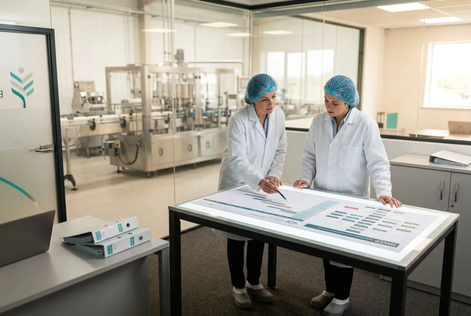 Food safety consultants reviewing an SQF implementation timeline and HACCP flow chart in a plant-side office overlooking a Chicago production floor