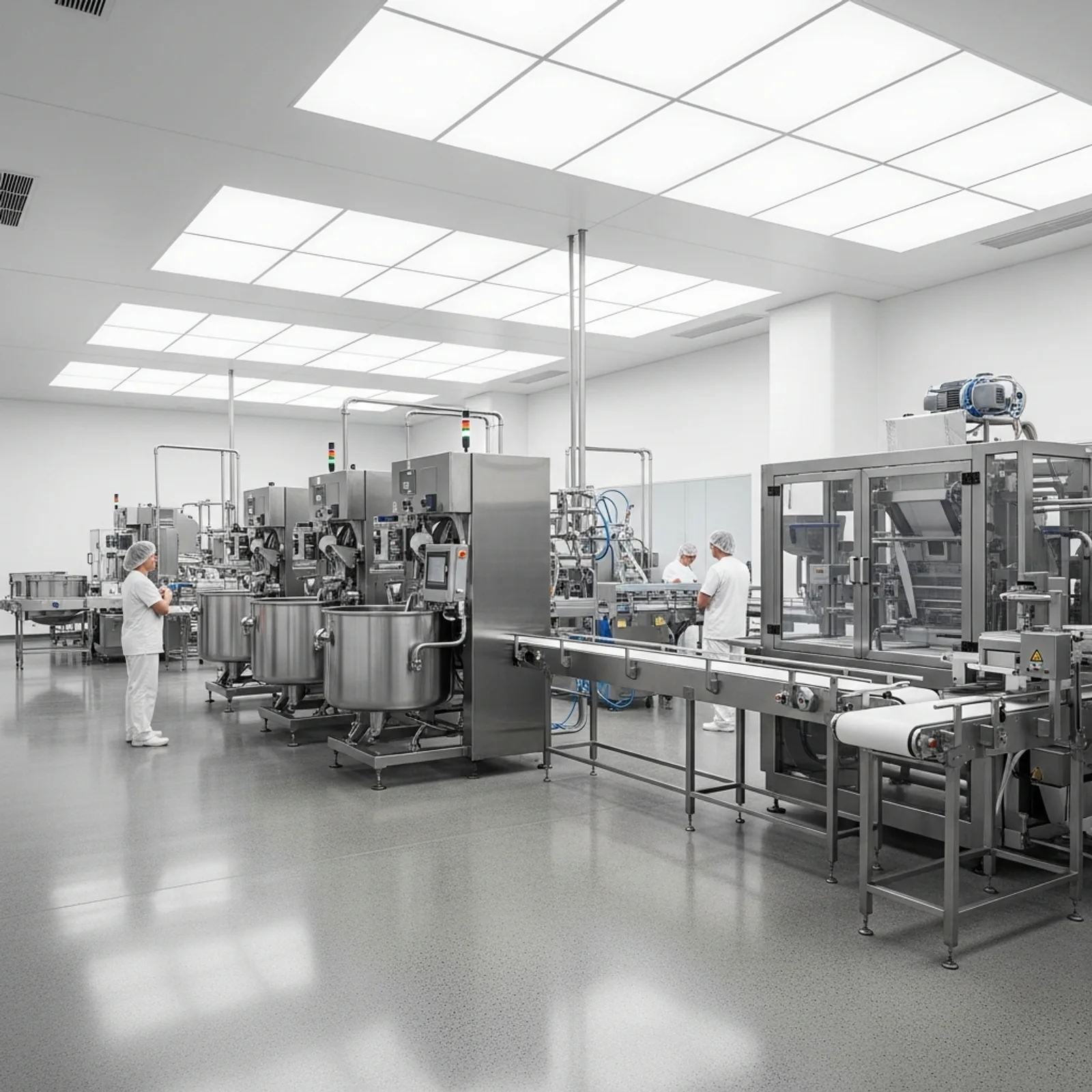 A modern food manufacturing facility with stainless steel processing equipment, clean and professional.
