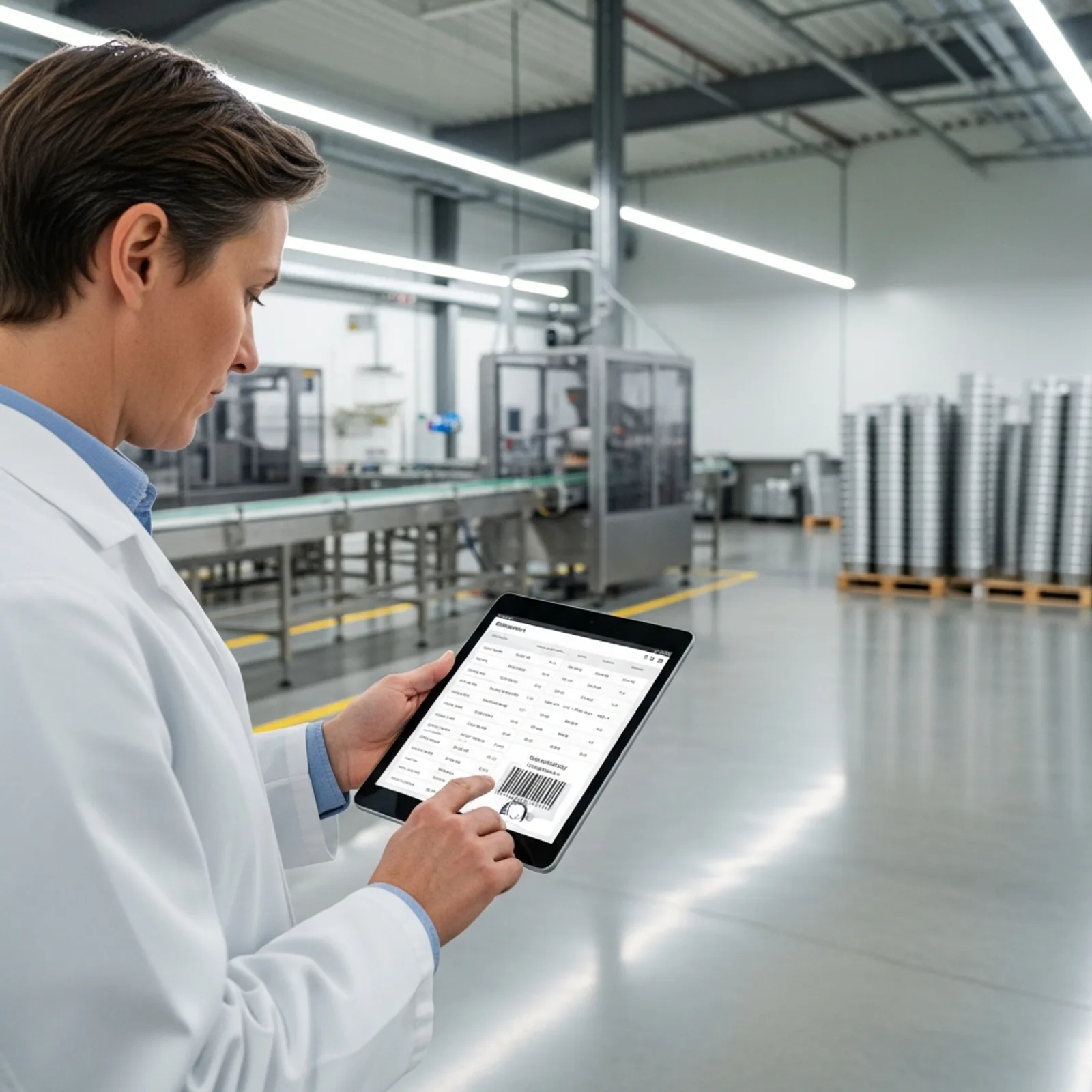A food safety manager reviewing digital traceability records and barcode scanning systems on a tablet in a clean food manufacturing warehouse.