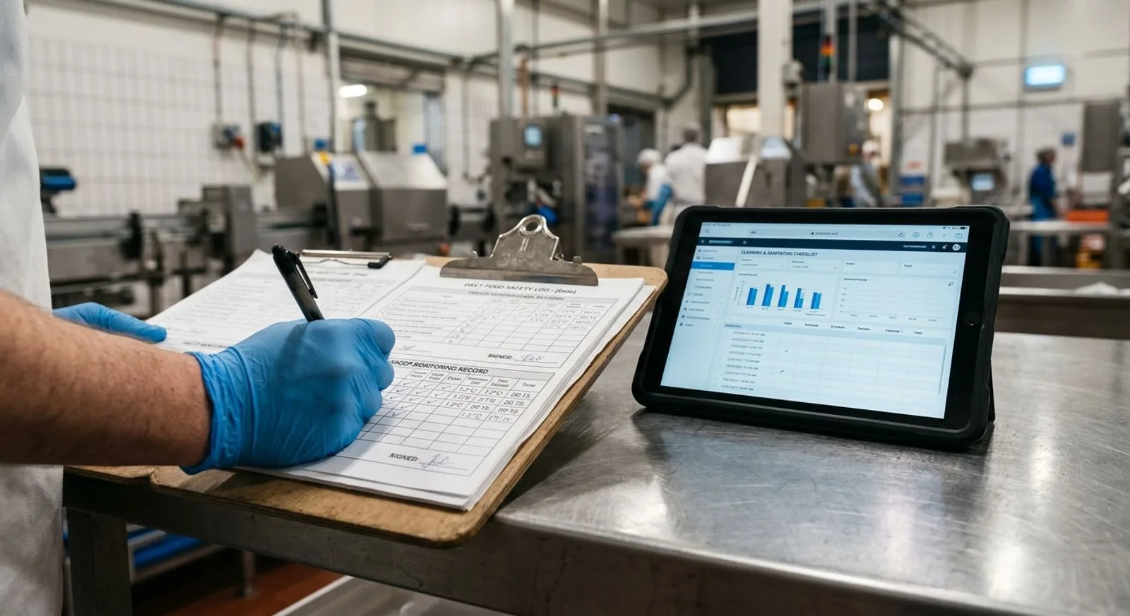 Food safety monitoring records being completed on a clipboard and tablet in a processing facility