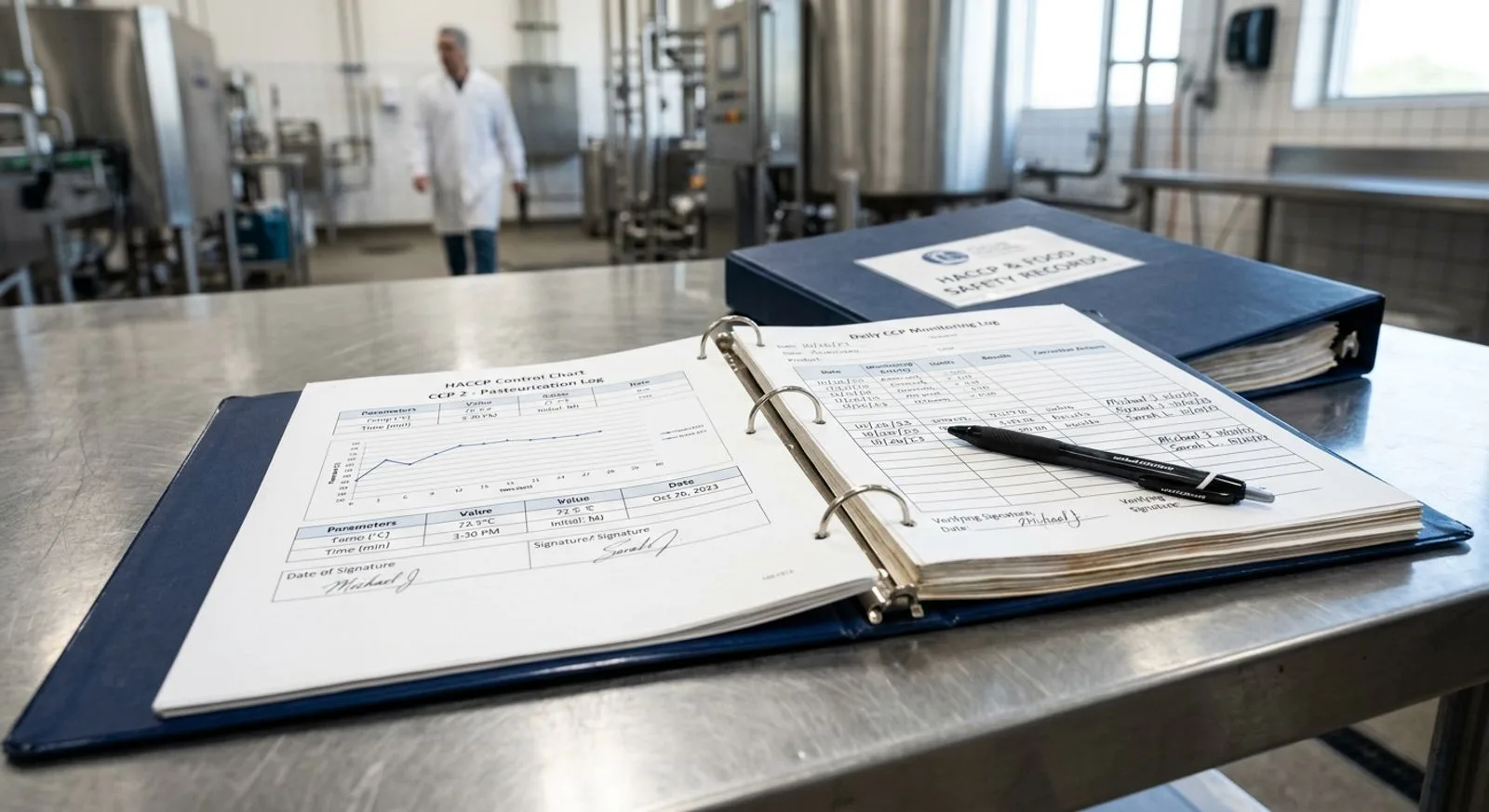 HACCP food safety plan documentation and signed records on a stainless steel table