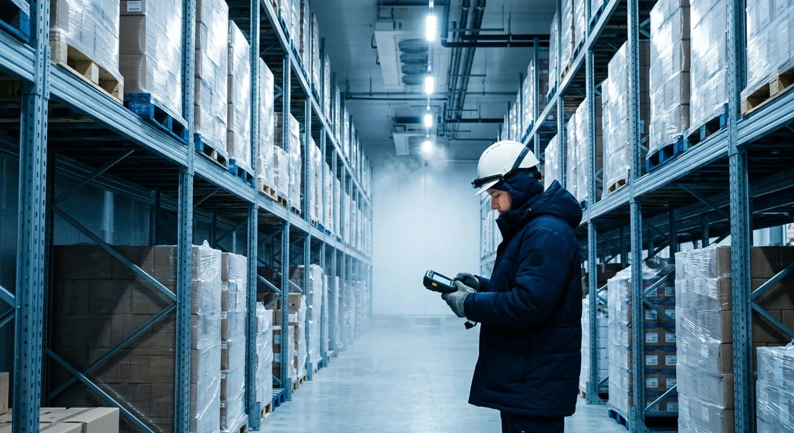 Worker scanning palletised food cartons in a refrigerated cold storage warehouse serving the Port of Vancouver