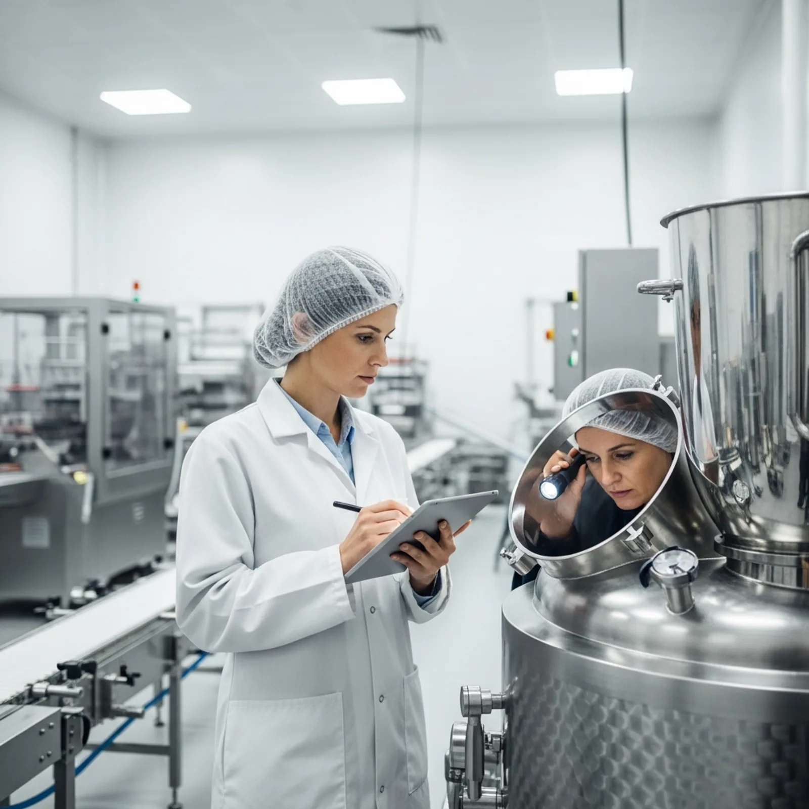 A professional food safety consultant conducting an SQF gap assessment in a modern food manufacturing facility, inspecting equipment and taking notes on a tablet.