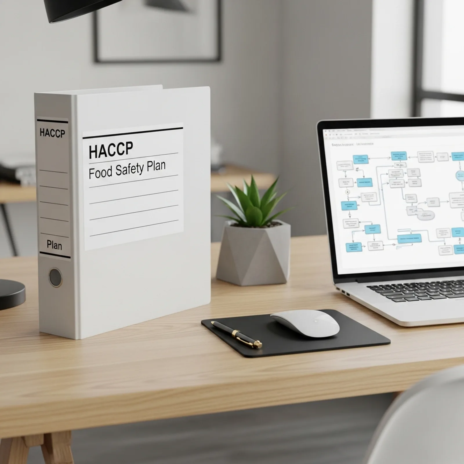 A clean, organized desk with a binder labeled 'HACCP Food Safety Plan' and a laptop showing a flow chart, professional and modern minimalist style.