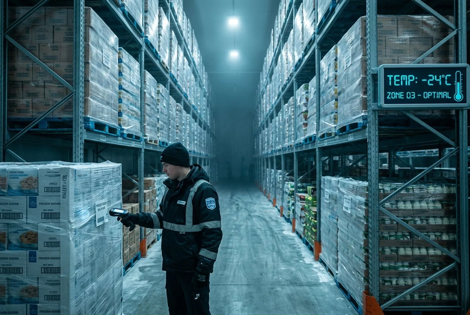 Refrigerated distribution warehouse with palletised food product, a worker scanning a pallet label, and a digital temperature monitoring display