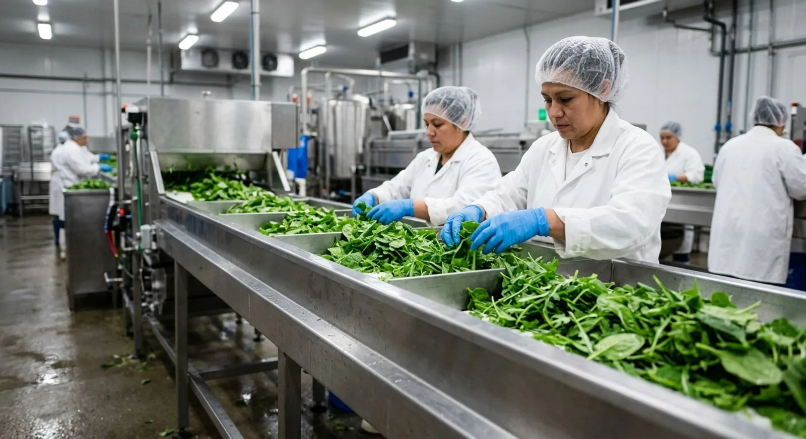 Workers inspecting freshly harvested leafy greens on a stainless steel conveyor in a chilled Arizona packing house