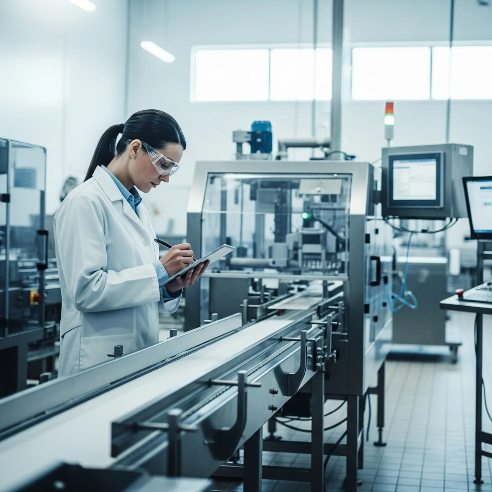 Food safety auditor inspecting a clean food manufacturing facility
