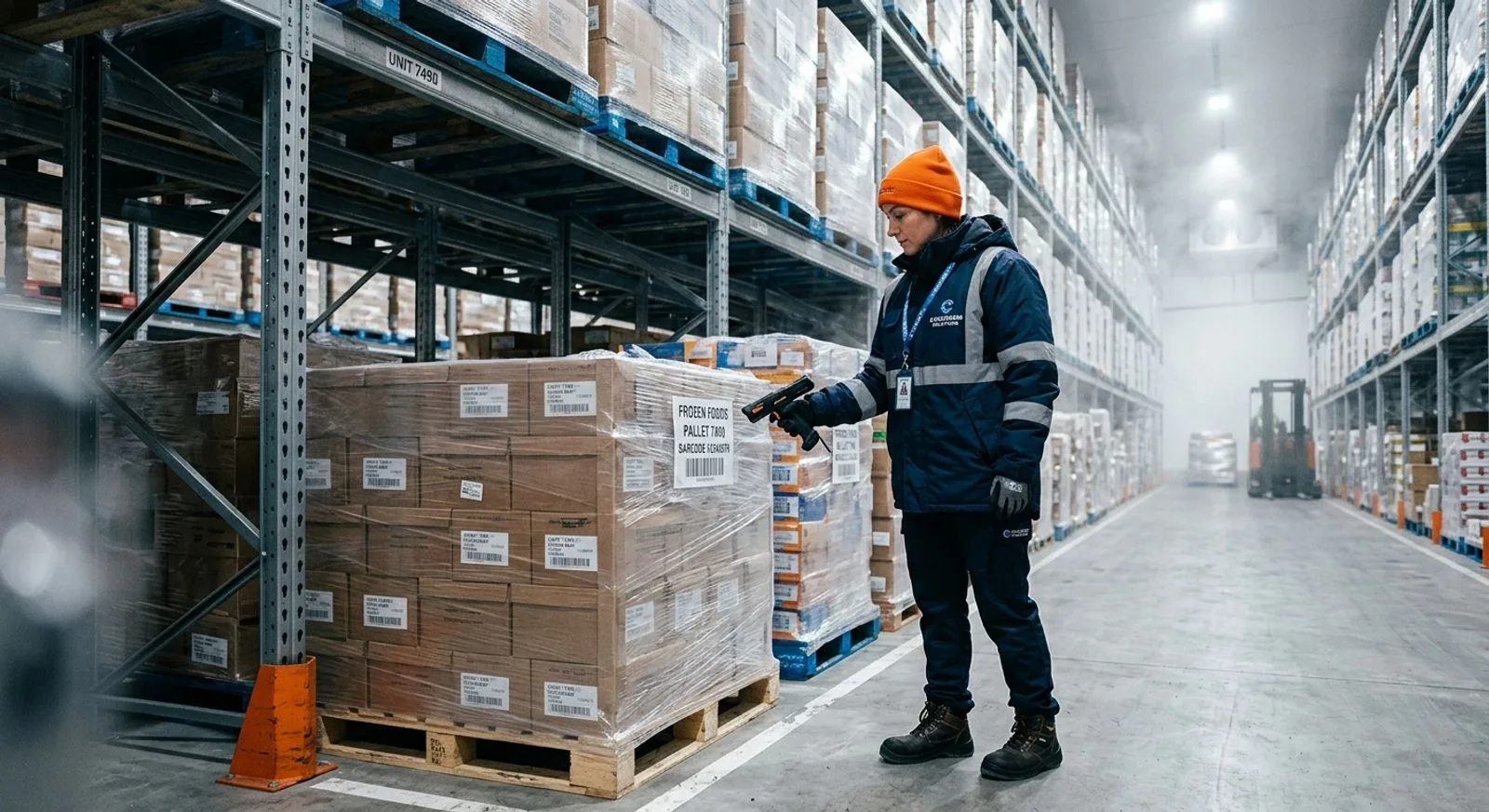Warehouse worker scanning a pallet lot code in a refrigerated cold storage facility near the Port of Los Angeles
