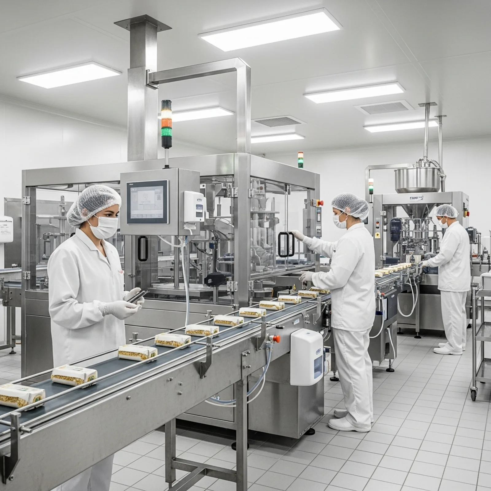 A clean, modern food production line with workers in protective gear following strict GMP protocols.
