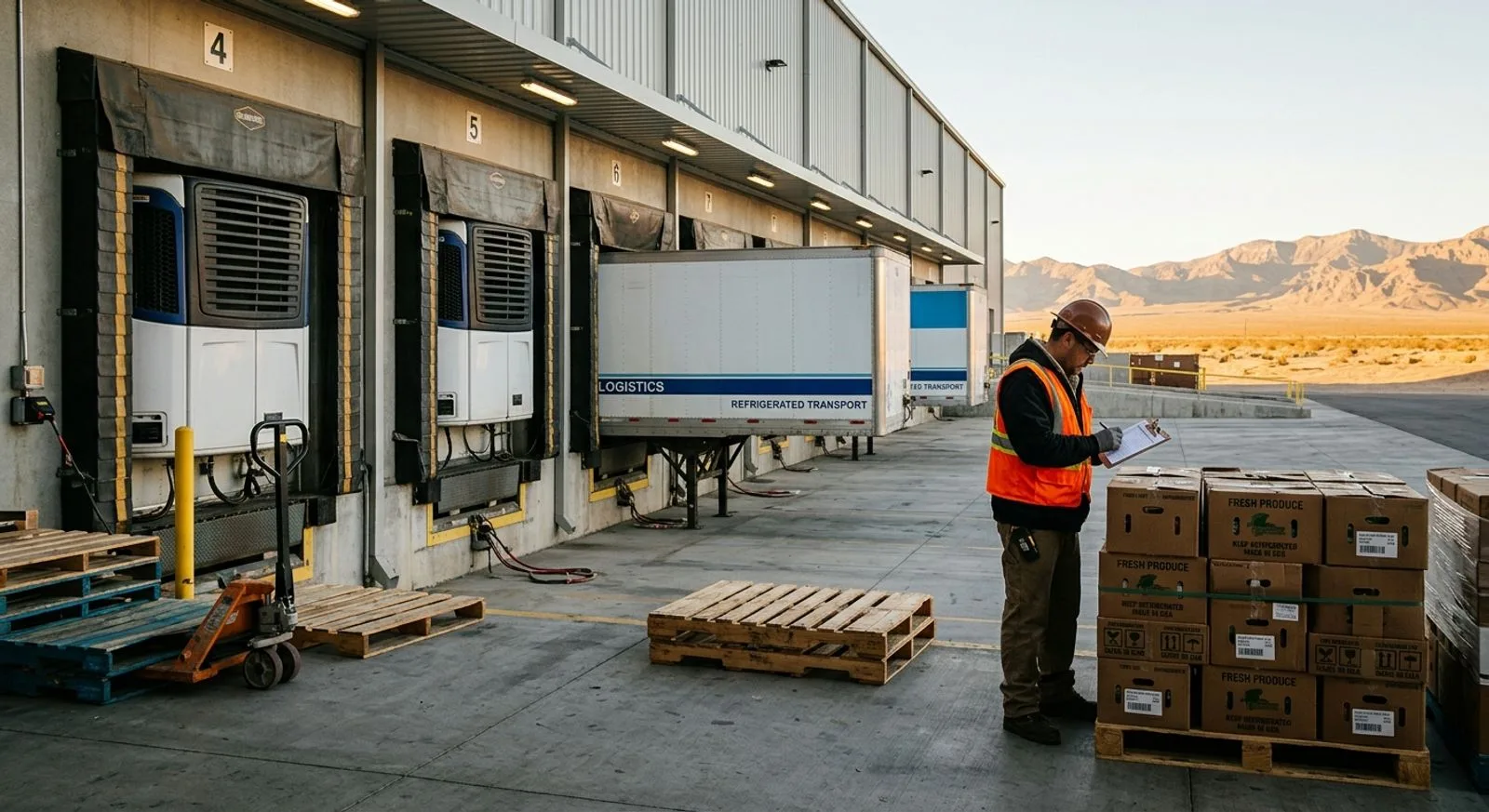 Refrigerated trailers at an Arizona cold storage distribution dock with a worker checking temperature records at golden hour